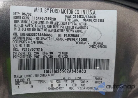 2002 Mercury Sable Ls Premium from USA, damaged, VIN 1MEFM55S02A646883